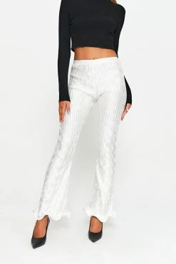 SOLADO Satin Pleated Textured Asymmetrical Hem Flared Pants