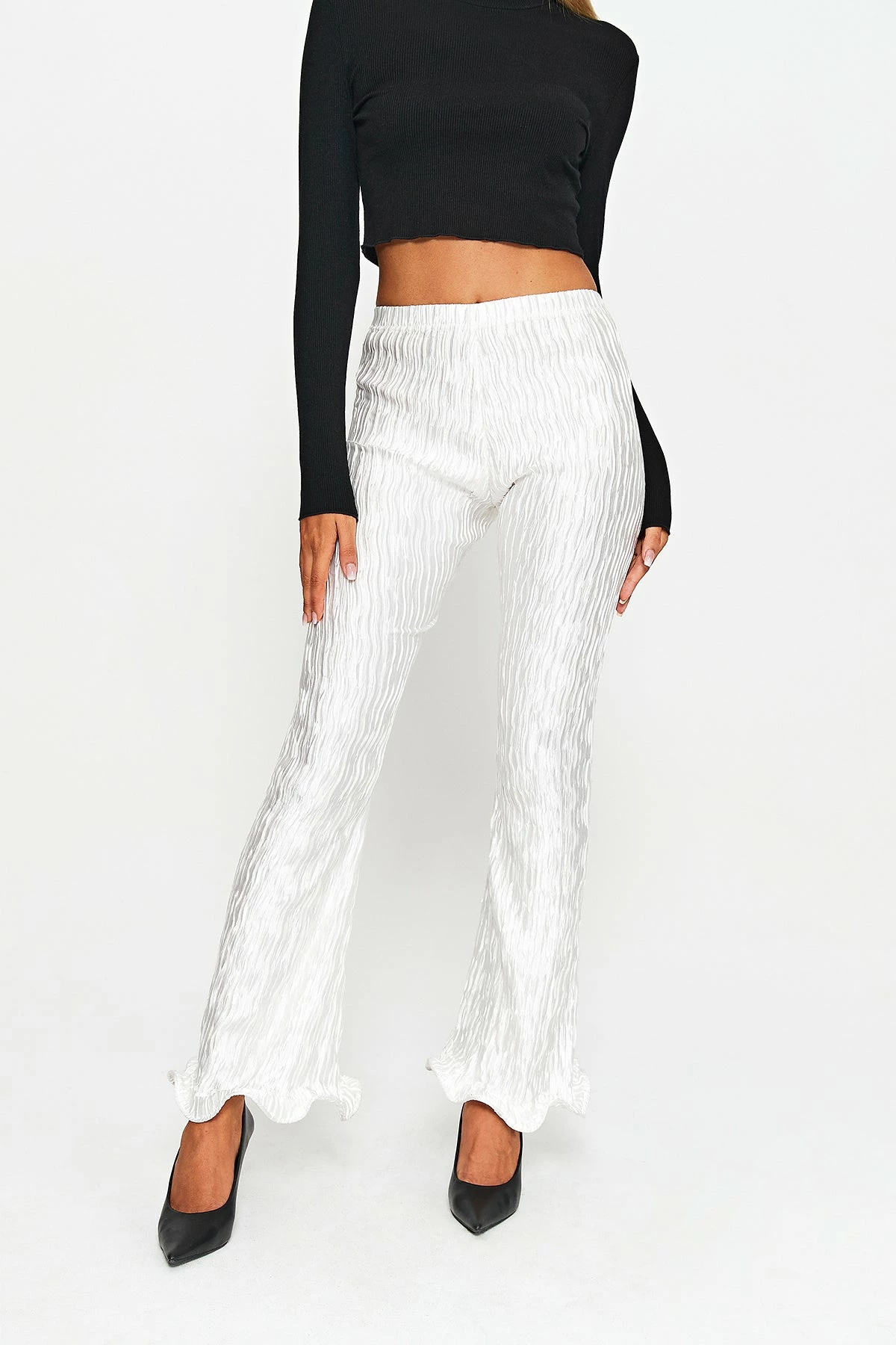 SOLADO Satin Pleated Textured Asymmetrical Hem Flared Pants 3 SOLADO Satin Pleated Textured Asymmetrical Hem Flared Pants