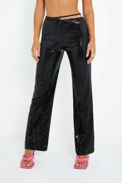 SOLADO Sequin Asymmetric Waist Tie Side Straight Pants