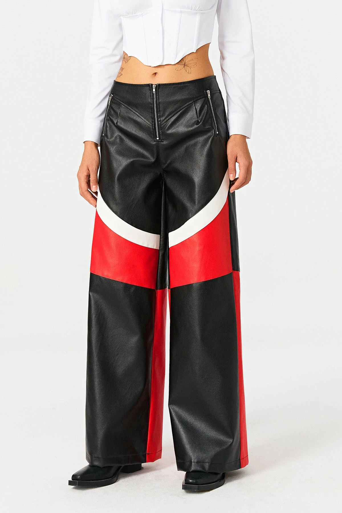 SOLADO Zipper Front Colorblock PU Leather Straight Pants 4 SOLADO Zipper Front Colorblock PU Leather Straight Pants - Image 2