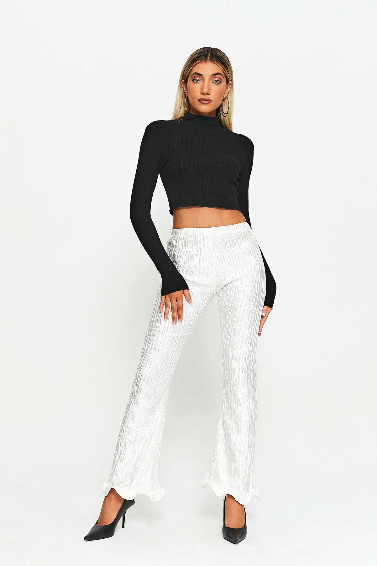 SOLADO Satin Pleated Textured Asymmetrical Hem Flared Pants 5 SOLADO Satin Pleated Textured Asymmetrical Hem Flared Pants - Image 3