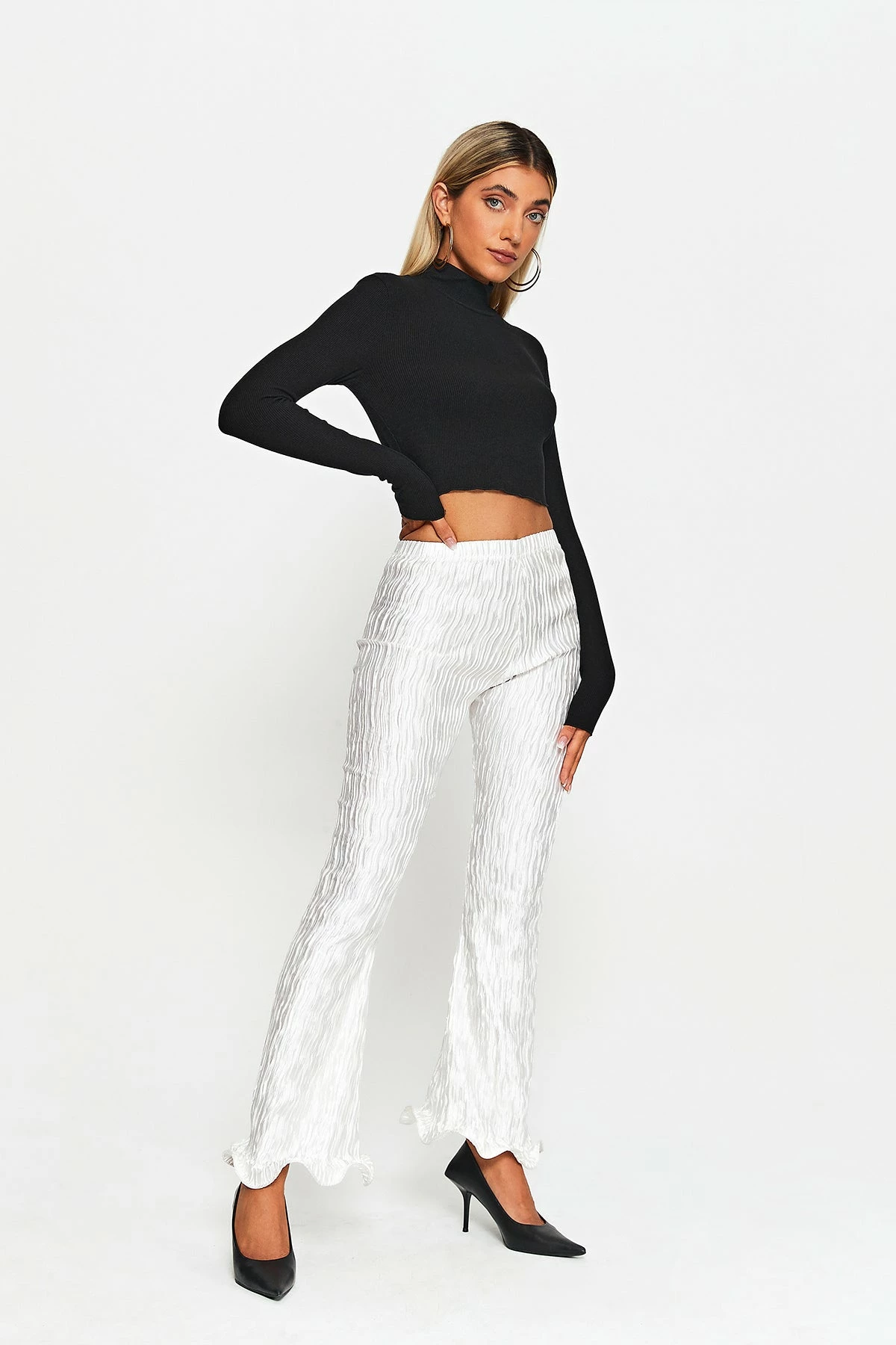 SOLADO Satin Pleated Textured Asymmetrical Hem Flared Pants 6 SOLADO Satin Pleated Textured Asymmetrical Hem Flared Pants - Image 4