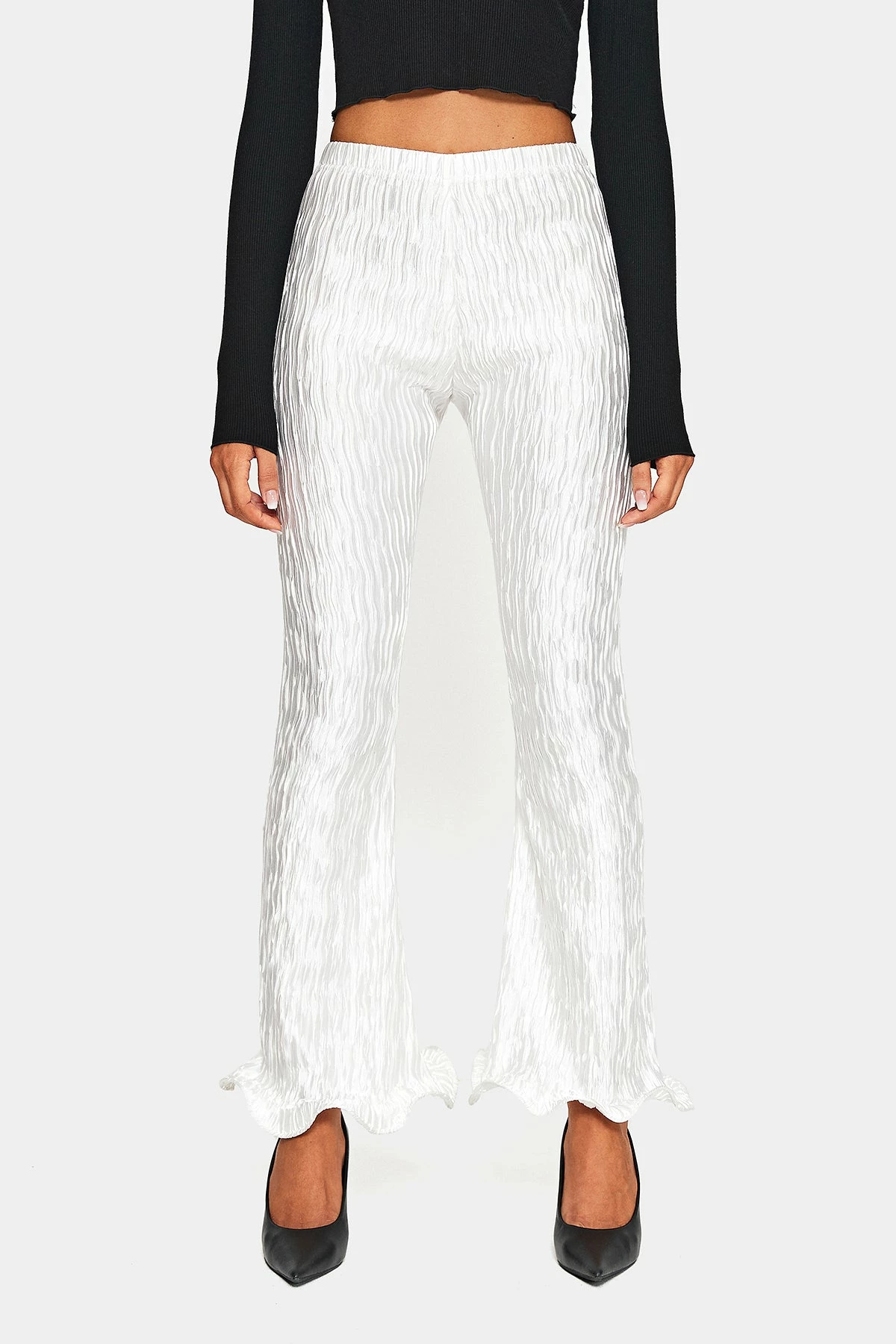 SOLADO Satin Pleated Textured Asymmetrical Hem Flared Pants 8 SOLADO Satin Pleated Textured Asymmetrical Hem Flared Pants - Image 6