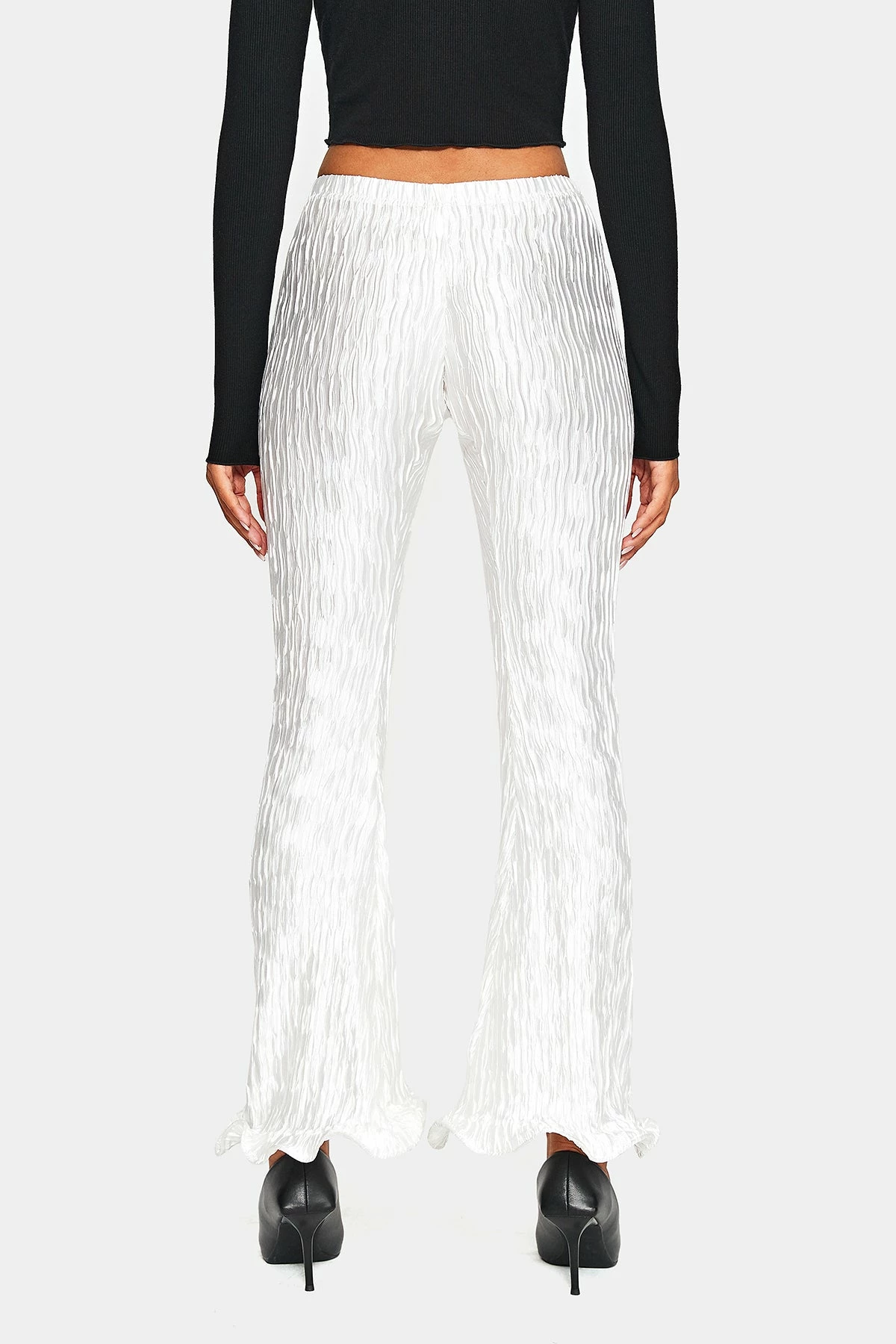 SOLADO Satin Pleated Textured Asymmetrical Hem Flared Pants 9 SOLADO Satin Pleated Textured Asymmetrical Hem Flared Pants - Image 7