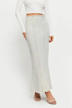 Solado Raw Hem Split Hem Mermaid Denim Maxi Skirt