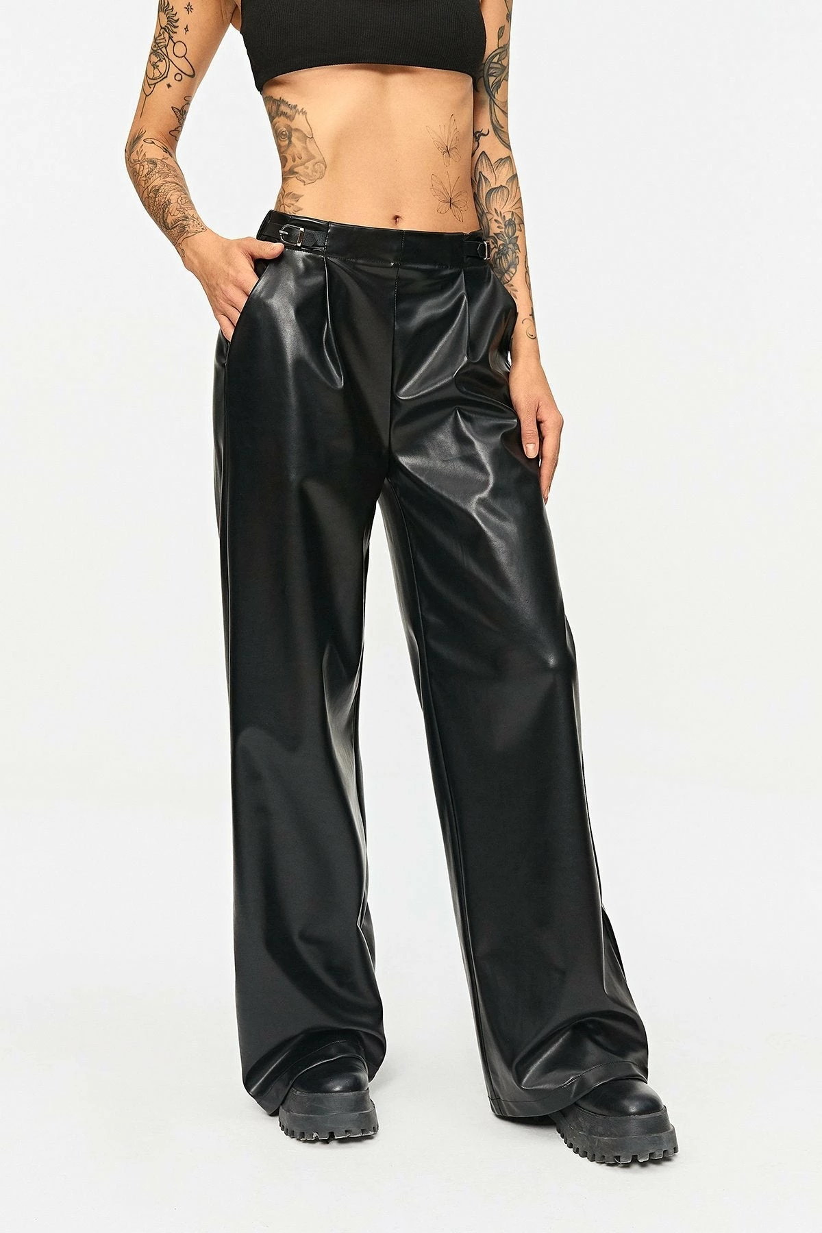 SOLADO Low Waist Buckled Detail Draped PU Leather Pants 4 SOLADO Low Waist Buckled Detail Draped PU Leather Pants - Image 2