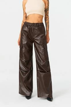 SOLADO Pocket Patched Ruched PU Leather Wide Leg Pants