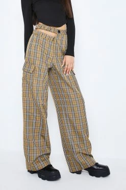 SOLADO Check Print Cut Out Pocket Patched Straight Pants