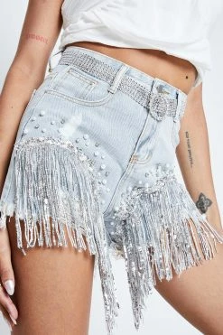 Solado High Waist Bead Decor Tassel Hem Denim Shorts