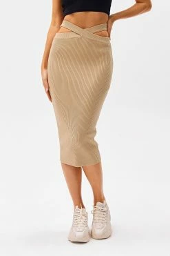 Solado Asymmetrical Waist Cut Out Ribbed Knit Midi Skirt