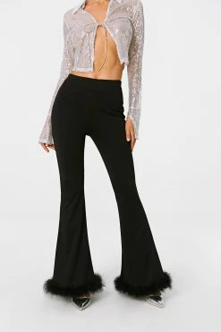 SOLADO High Waist Feather Trim Flared Pants