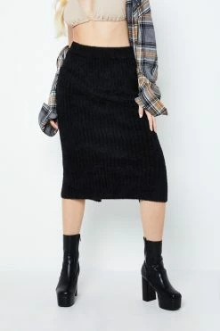 Solado High Waist Split Hem Stripe Knitted Fluffy Midi Skirt