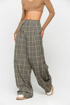 SOLADO High Waist Check Print Ruched Straight Pants