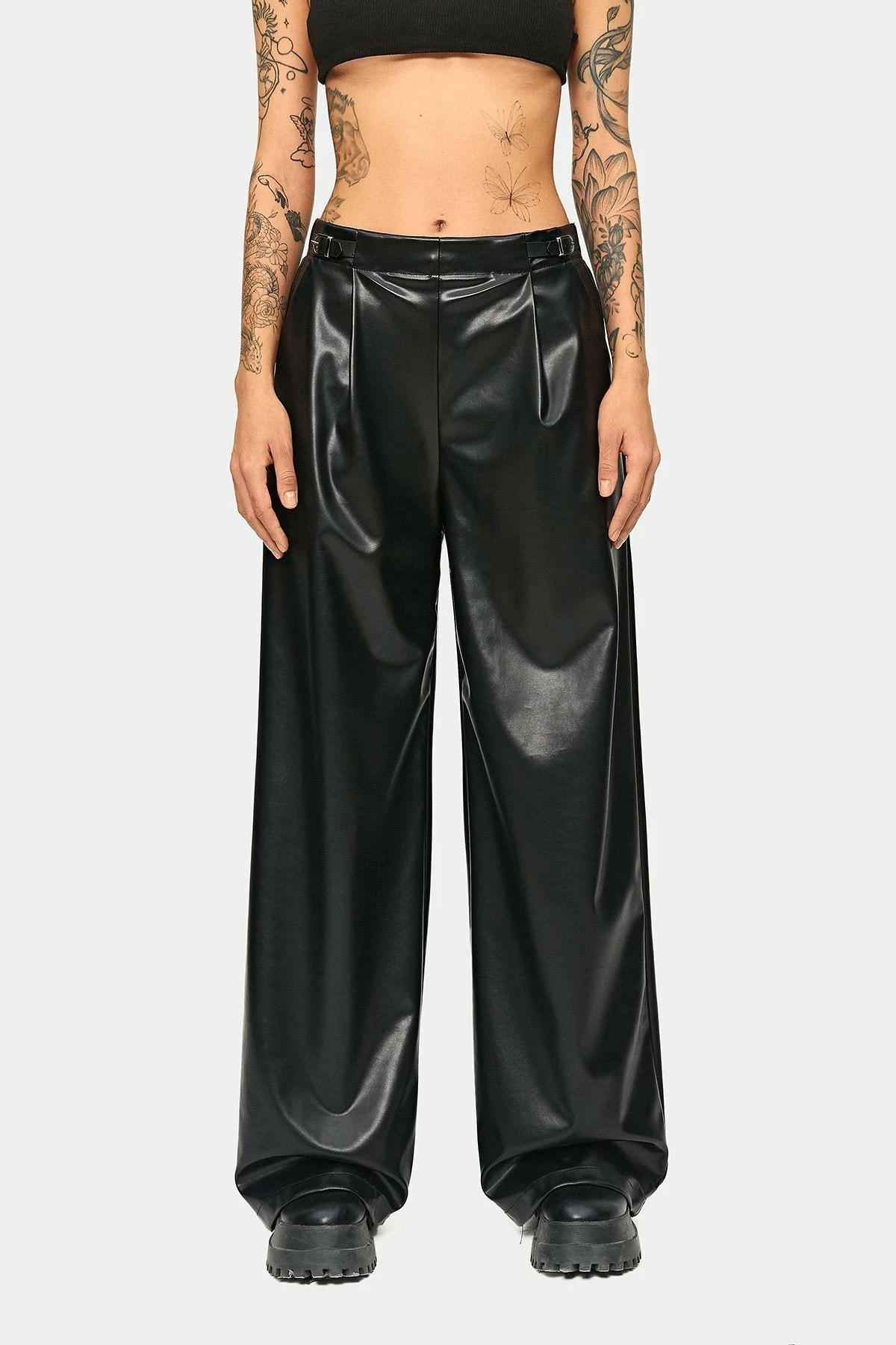 SOLADO Low Waist Buckled Detail Draped PU Leather Pants 8 SOLADO Low Waist Buckled Detail Draped PU Leather Pants - Image 6