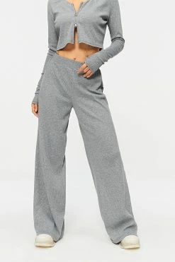 SOLADO High Waist Ribbed Draped Solid Straight Pants