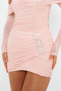 SOLADO Rhinestone Buckled Decor Mesh Ruched Mini Skirt