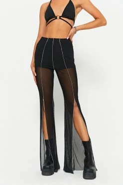 SOLADO Top-stitching Split Hem Mesh Flared Pants