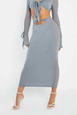 SOLADO Twist Front Cut Out Mesh Splicing Maxi Skirt