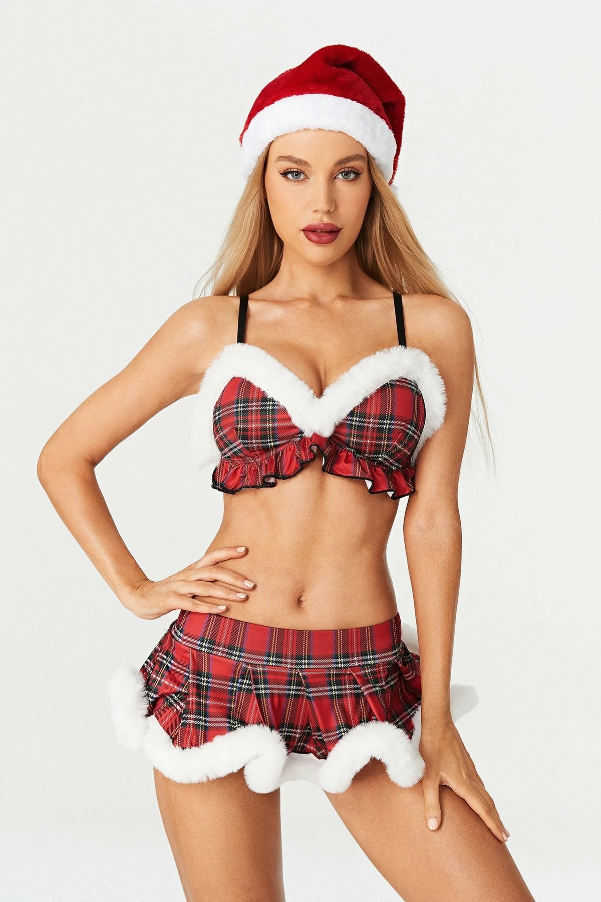 Solado Fluffy Trim Bralette & Low Waist Check Print Skirt Set 4 Solado Fluffy Trim Bralette & Low Waist Check Print Skirt Set - Image 2
