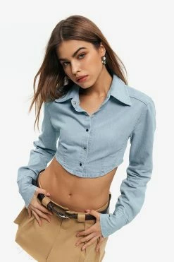 Solado Lapel Neck Curved Hem Denim Long Sleeve Top