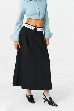 SOLADO Lapel Waist Colorblock A-Line Maxi Skirt