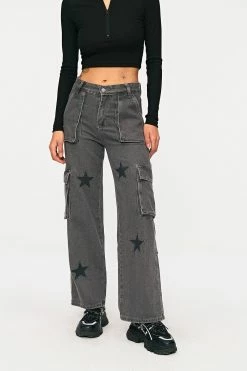 Solado Low Waist Star Print Pocket Patched Straight Leg Jeans