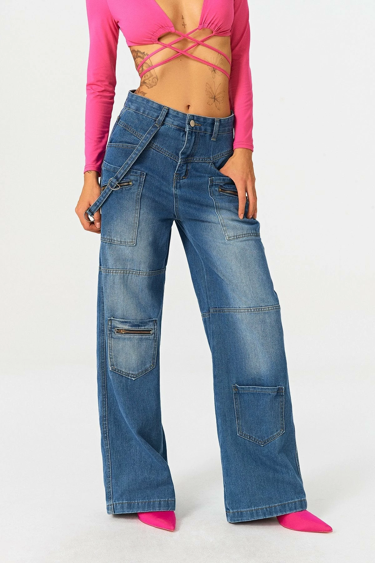Solado Low Waist Zipper Decor Pocket Patched Straight Pants 3 Solado Low Waist Zipper Decor Pocket Patched Straight Pants