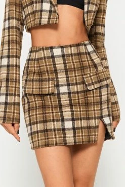 SOLADO High Waist Check Print Split Hem Mini Skirt