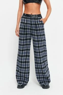 SOLADO Low Waist Check Print PU Leather Splicing Straight Pants