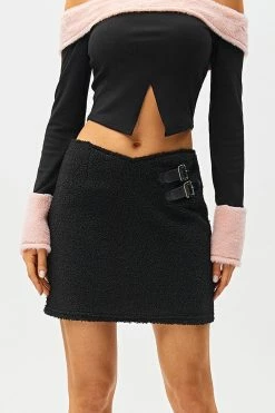 SOLADO Asymmetrical Waist Buckled Detail Teddy Mini Skirt