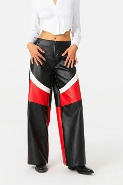 SOLADO Zipper Front Colorblock PU Leather Straight Pants
