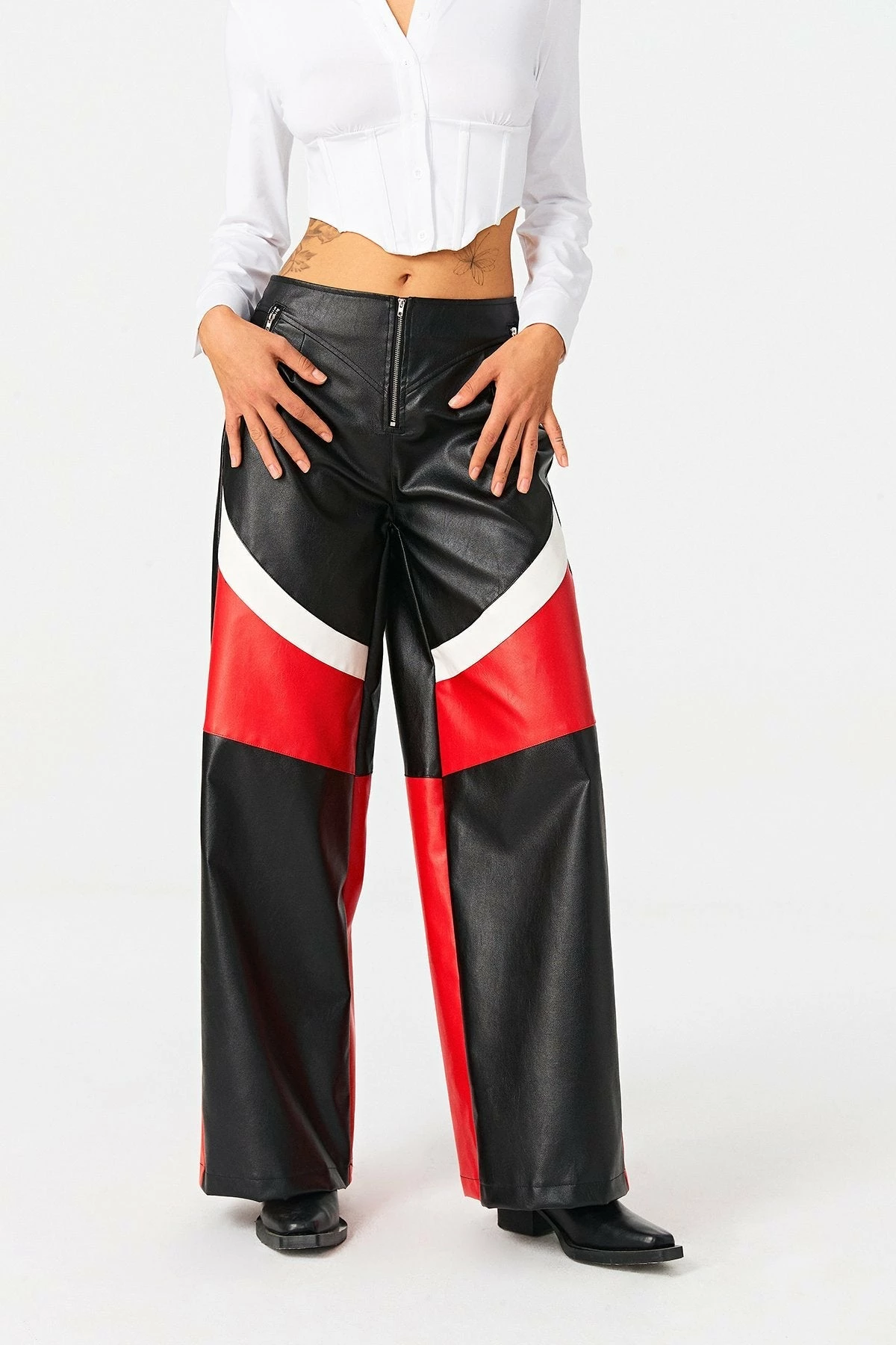 SOLADO Zipper Front Colorblock PU Leather Straight Pants 3 SOLADO Zipper Front Colorblock PU Leather Straight Pants