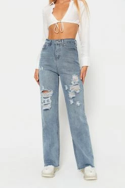 Solado High Waist Dual Pocket Raw Hem Ripped Straight Pants