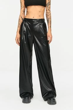 SOLADO Low Waist Buckled Detail Draped PU Leather Pants