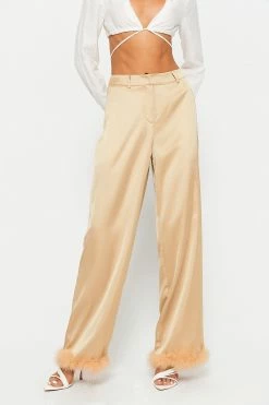 SOLADO Low Waist Feather Trim Satin Straight Pants